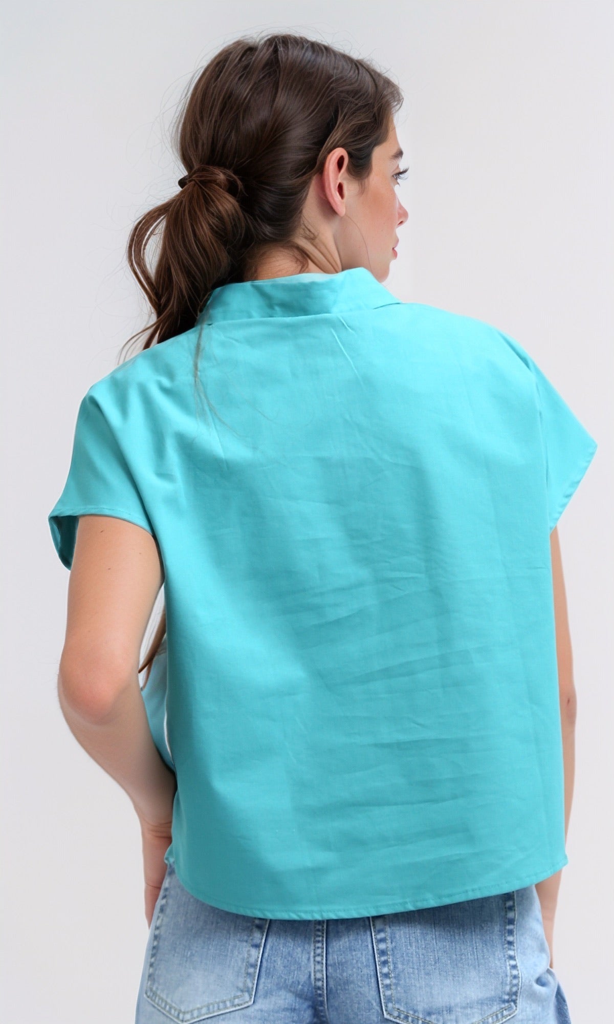 O179203  Short Sleeves Solid Shirt With Classic Collar - Terquoise