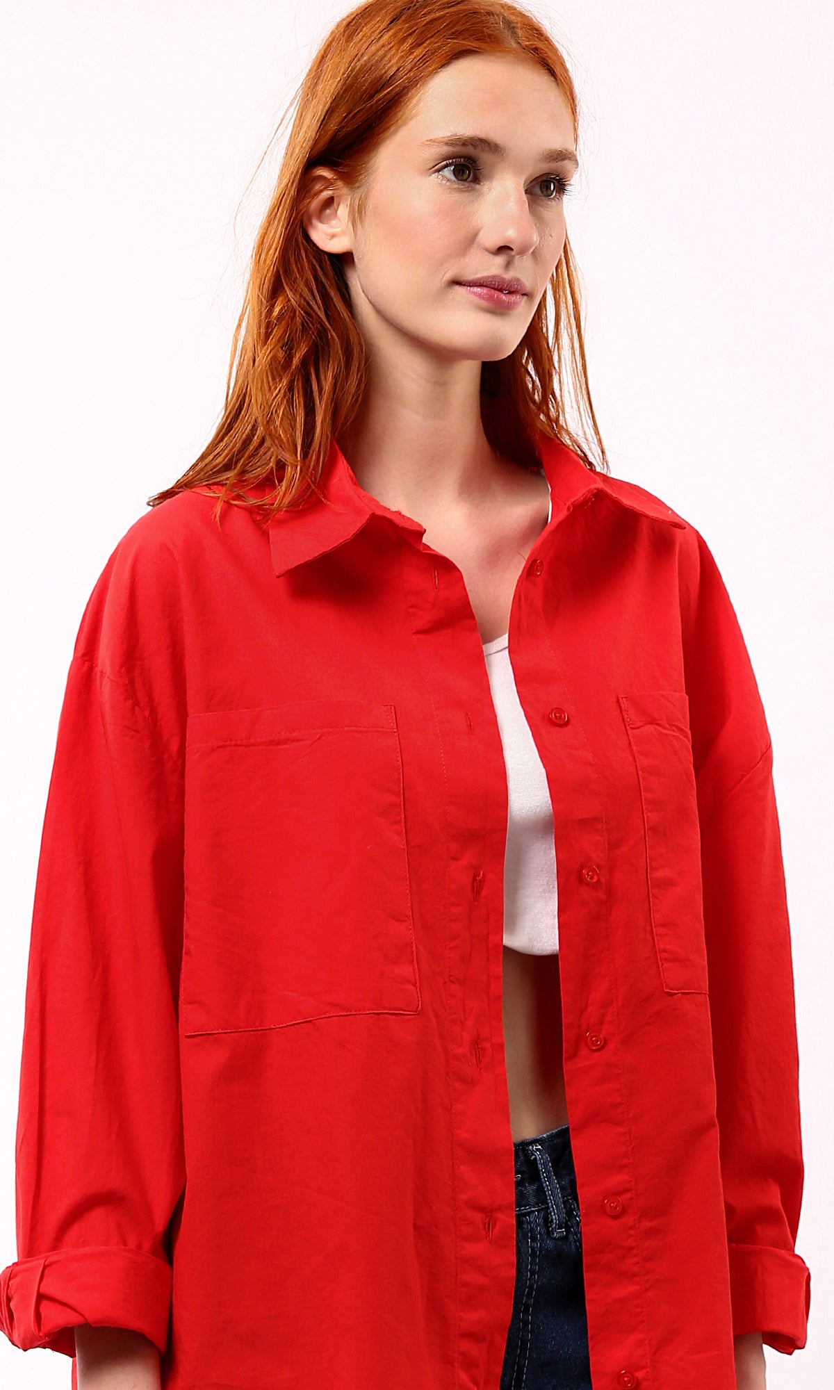 O179209 Turn Down Collar Solid Red Long Shirt