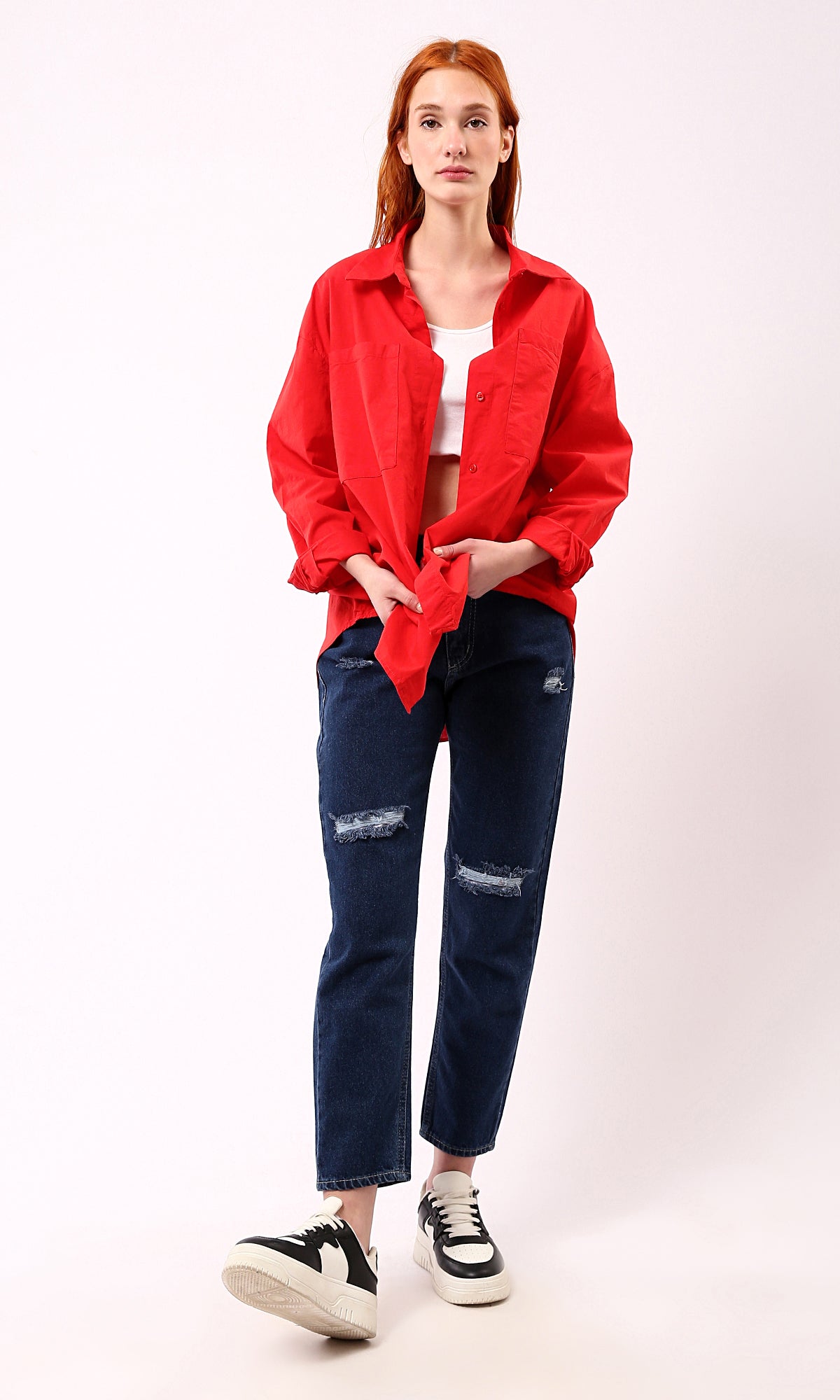O179209 Turn Down Collar Solid Red Long Shirt