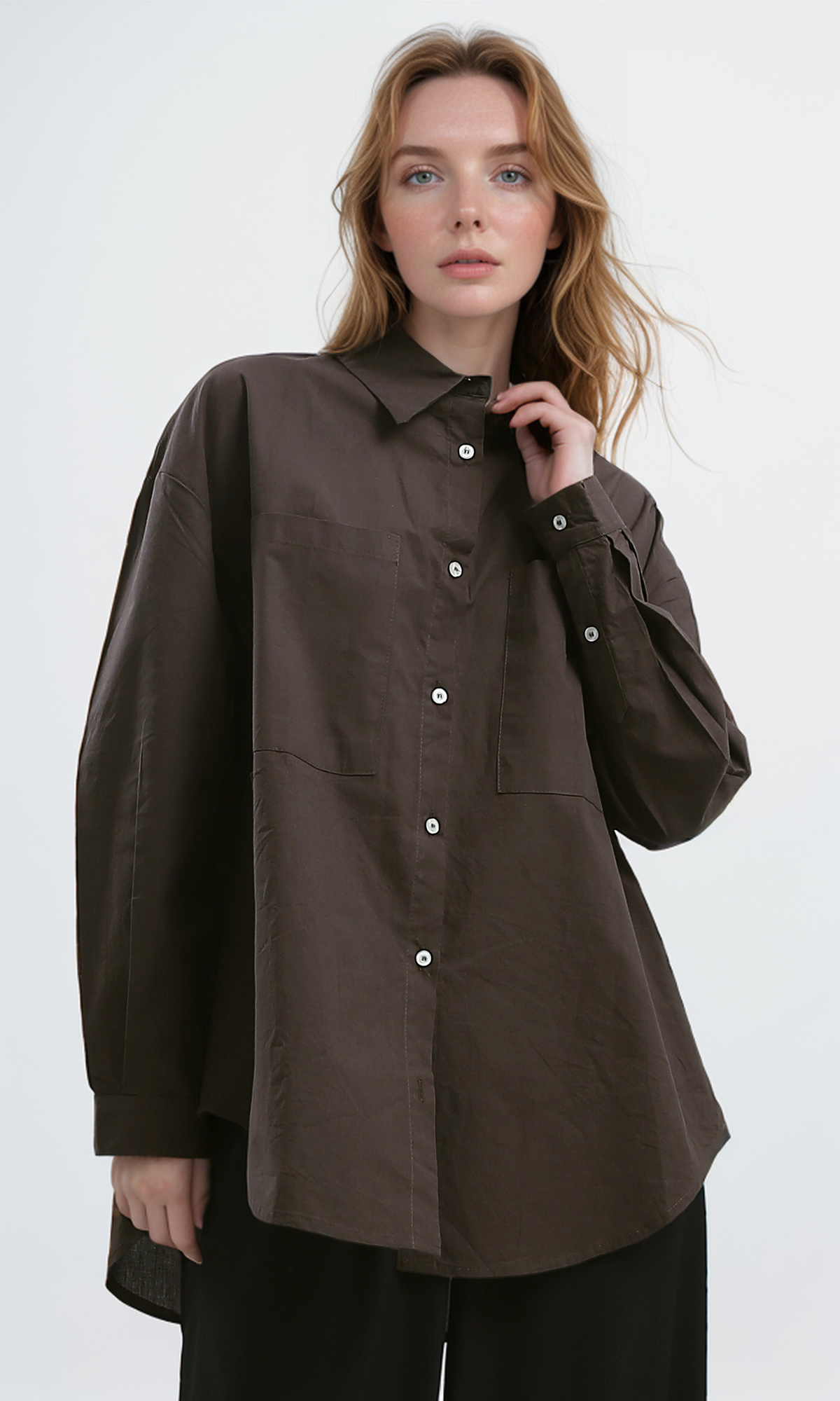 O179210 Summer Brown Long Shirt With Turn Down Collar