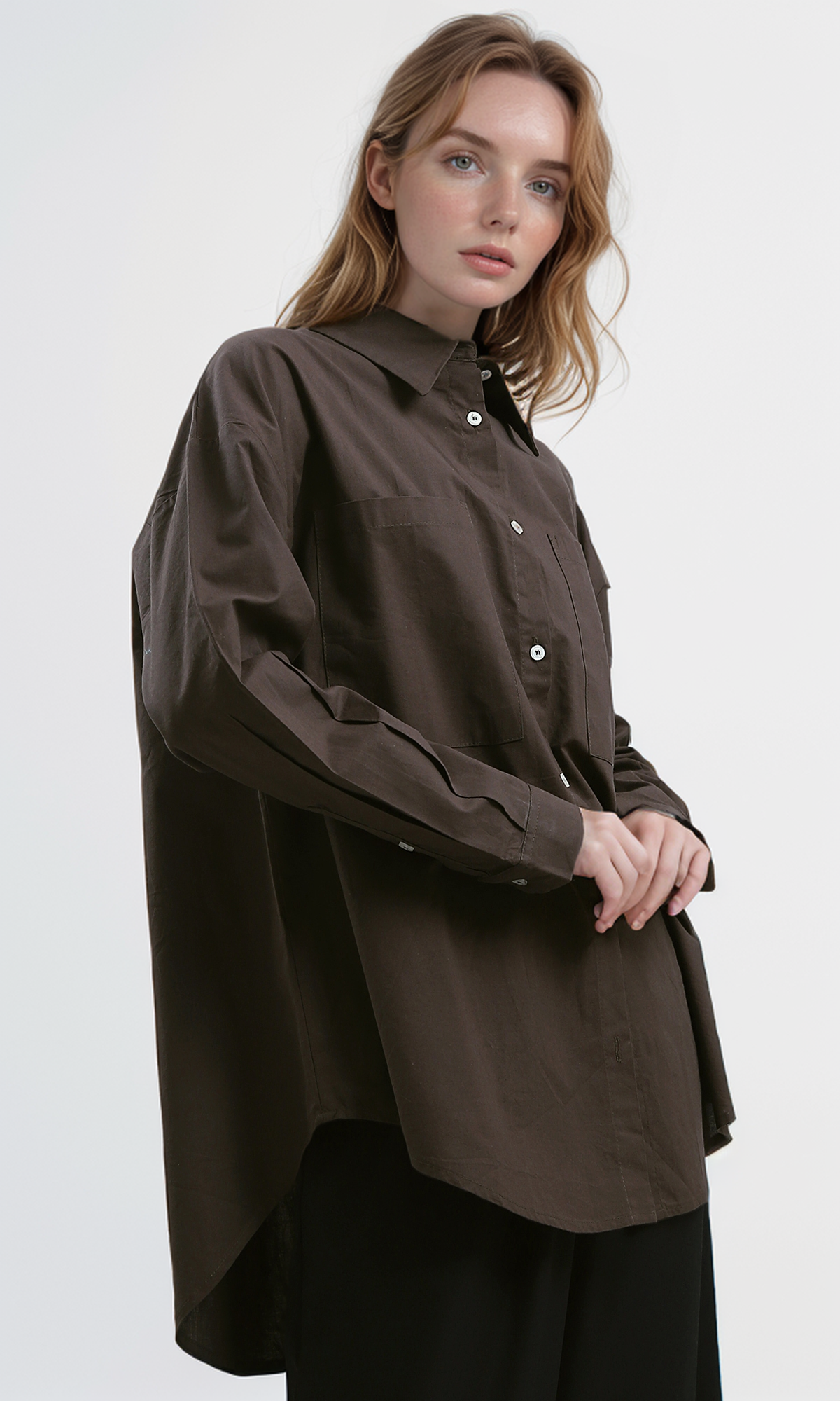 O179210 Summer Brown Long Shirt With Turn Down Collar
