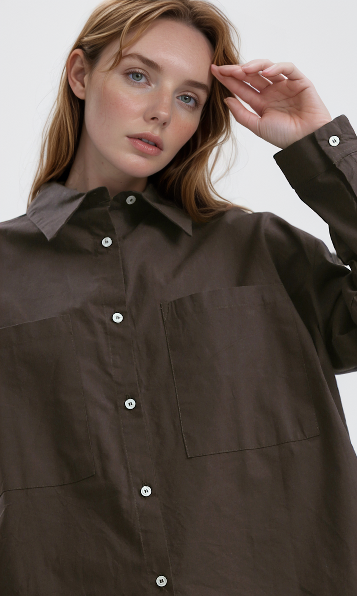 O179210 Summer Brown Long Shirt With Turn Down Collar