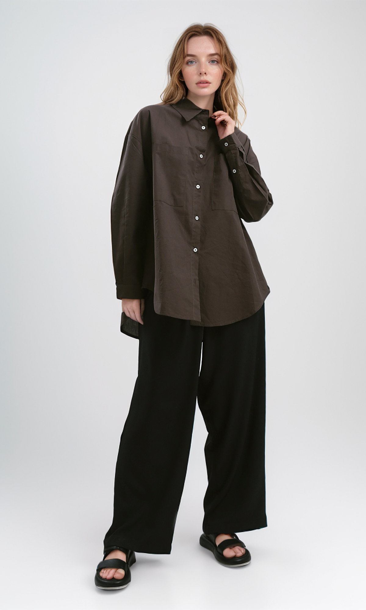 O179210 Summer Brown Long Shirt With Turn Down Collar