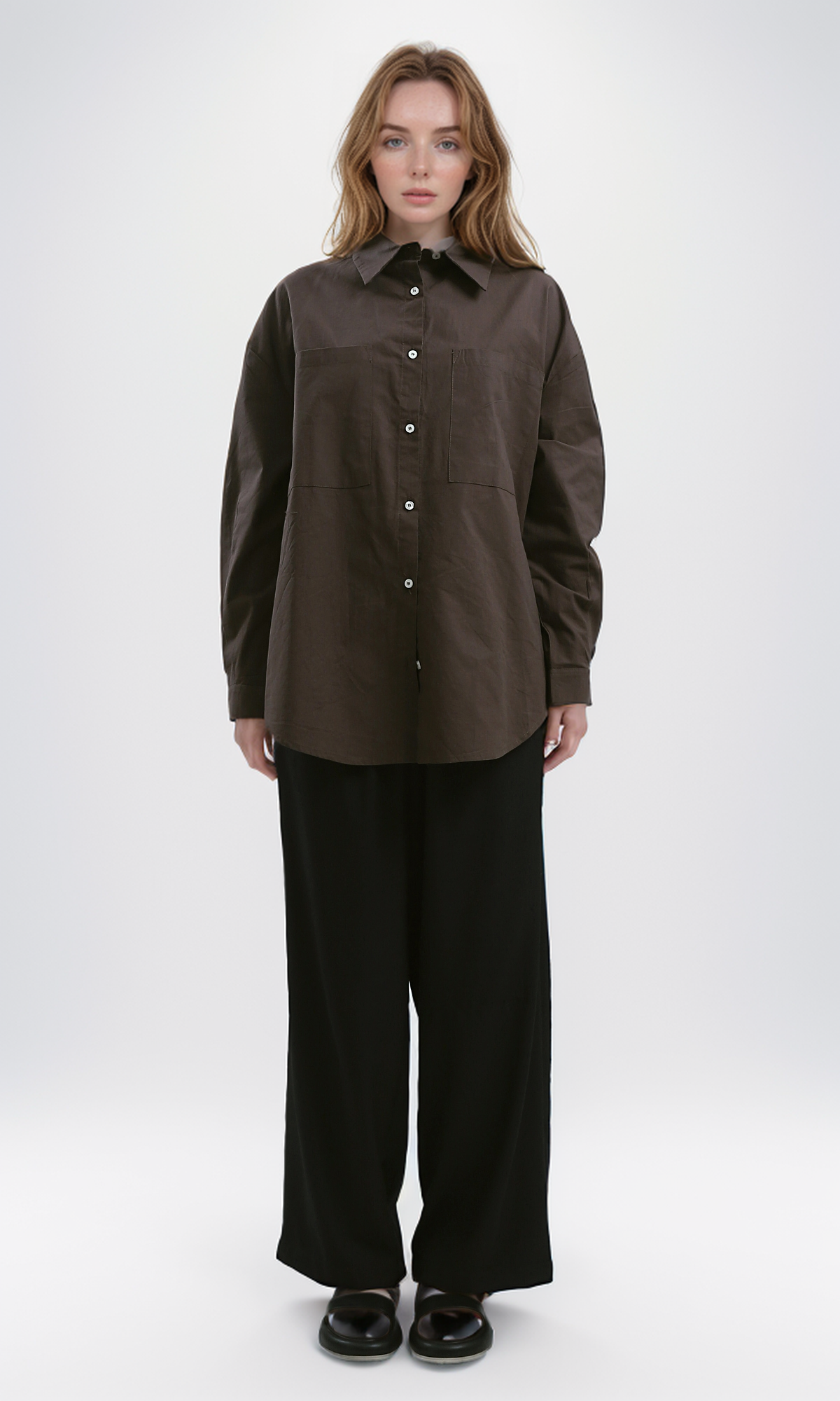 O179210 Summer Brown Long Shirt With Turn Down Collar