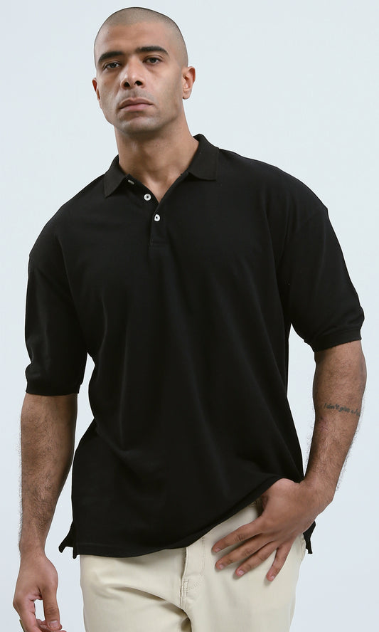 O179234 Relaxed Fit Black Solid Buttoned Polo Shirt