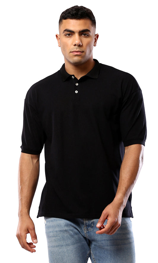O179234 Relaxed Fit Black Solid Buttoned Polo Shirt