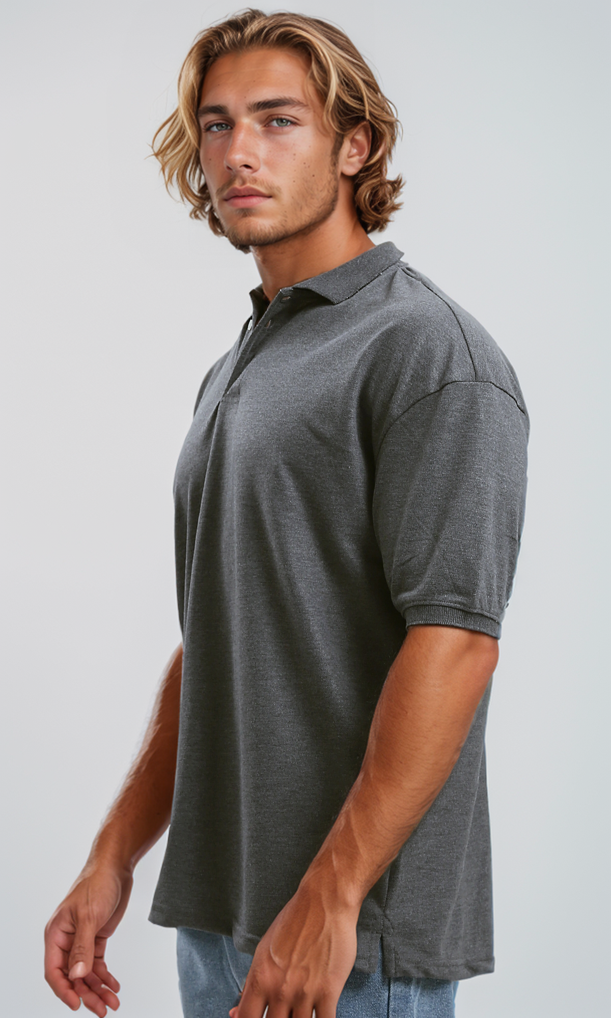 Charcoal Grey Oversized Relaxed Fit Polo Shirt - O179239