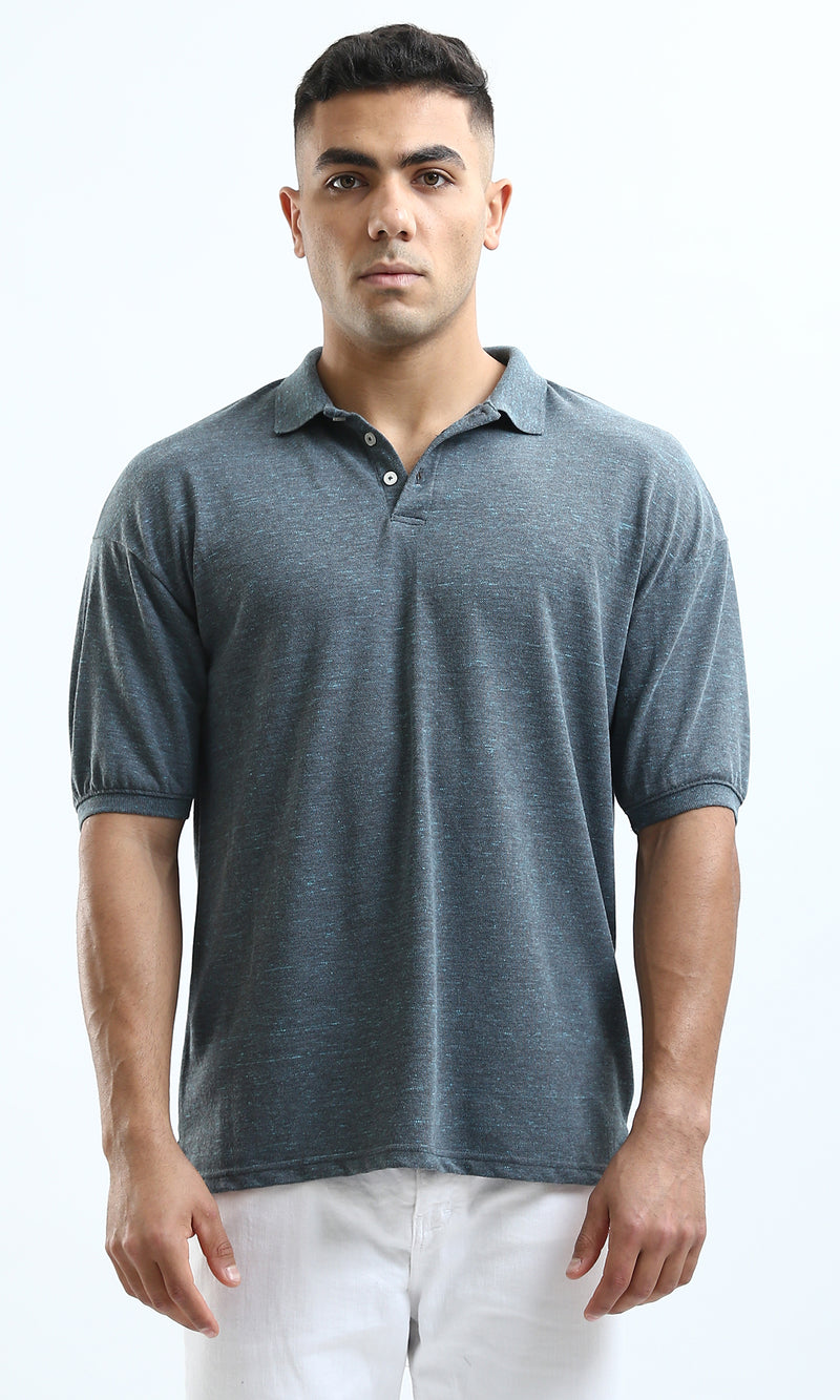 O179241 Short Sleeves Casual Polo Shirt - Heather Dark Grey & Aqua