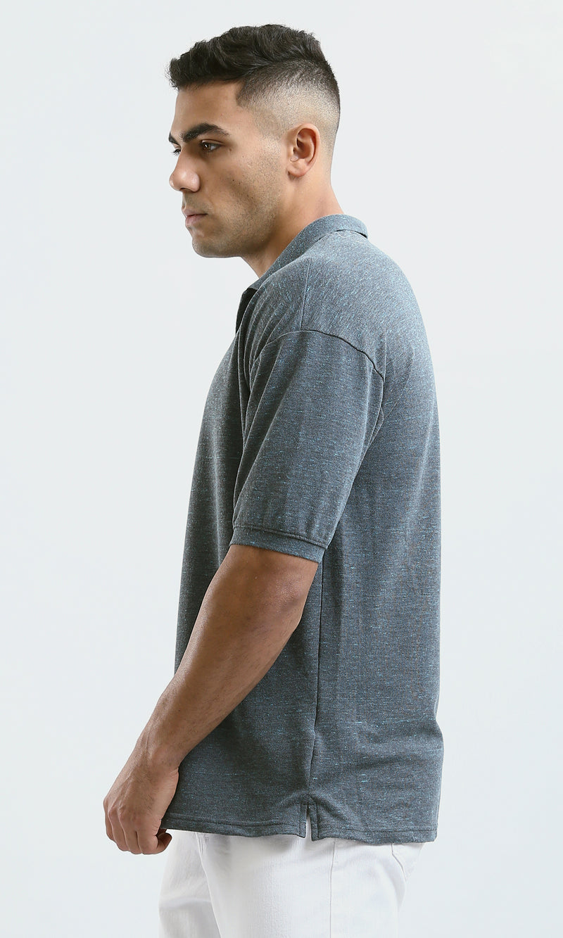 O179241 Short Sleeves Casual Polo Shirt - Heather Dark Grey & Aqua