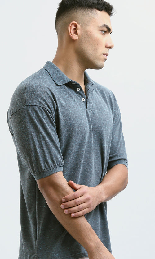 O179241 Short Sleeves Casual Polo Shirt - Heather Dark Grey & Aqua