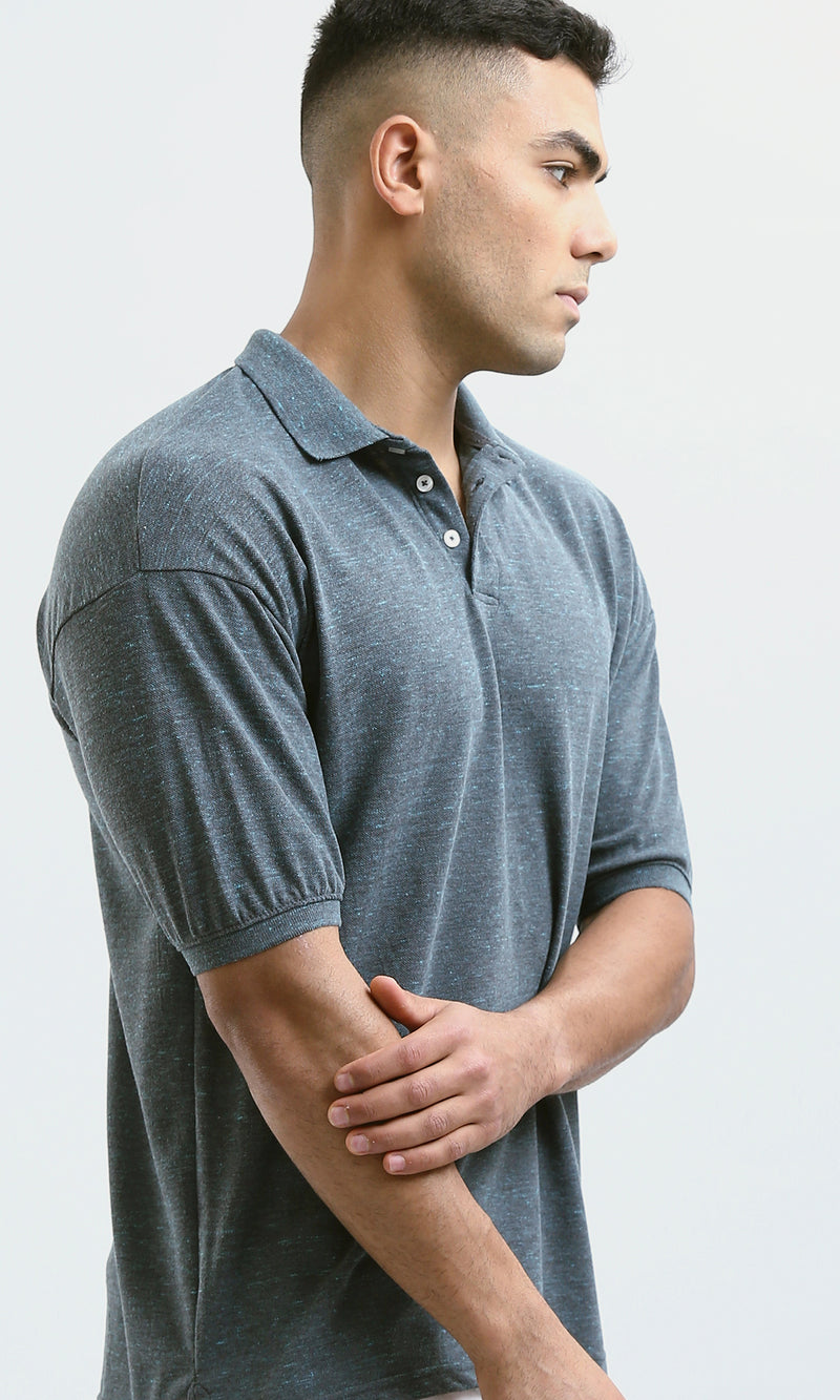 O179241 Short Sleeves Casual Polo Shirt - Heather Dark Grey & Aqua