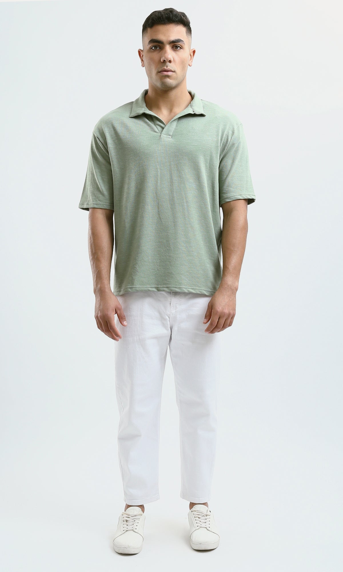 O179242 Buttoned Neck Cotton Heather Light Green Polo Shirt