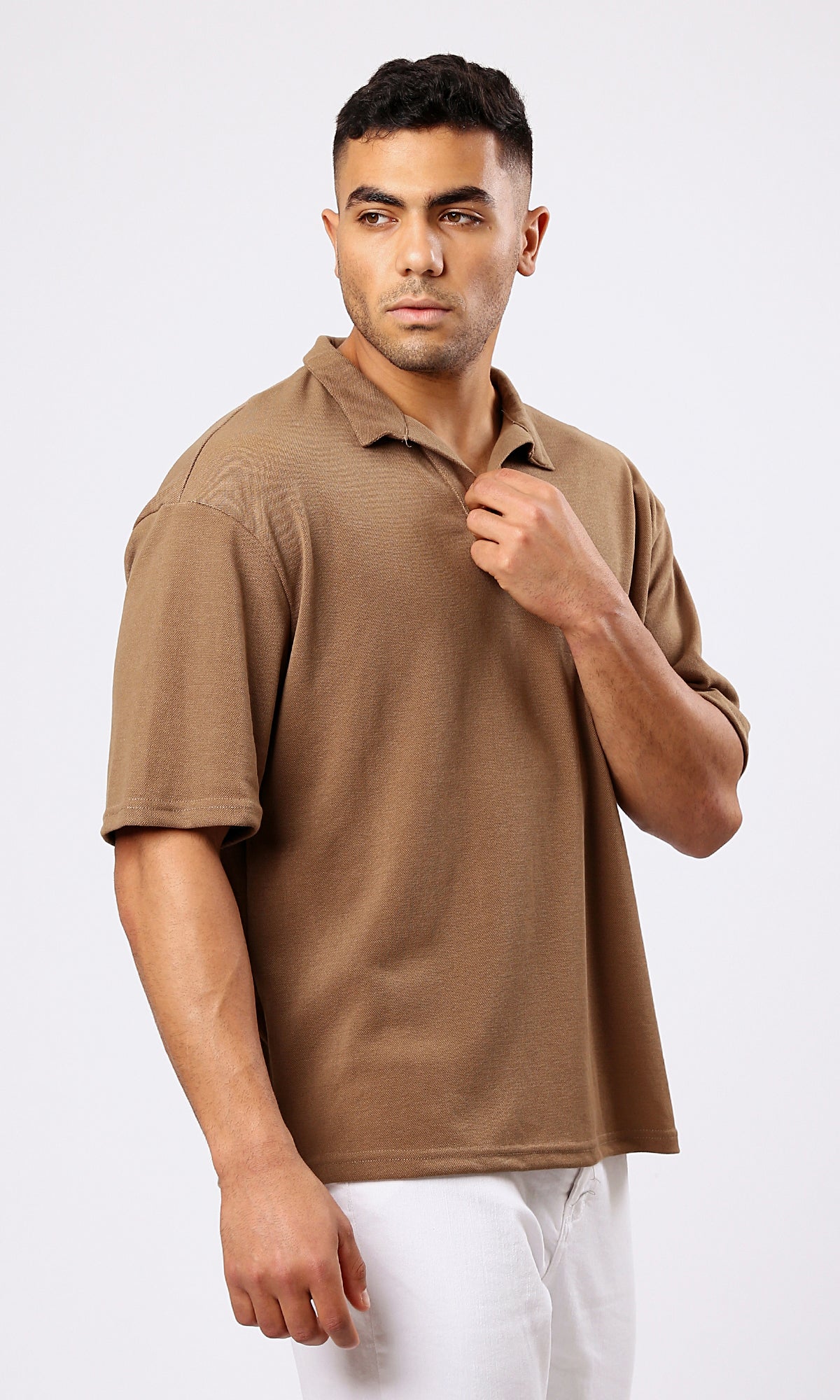 O179243 Light Brown Relaxed Polo Shirt With Open Neck 