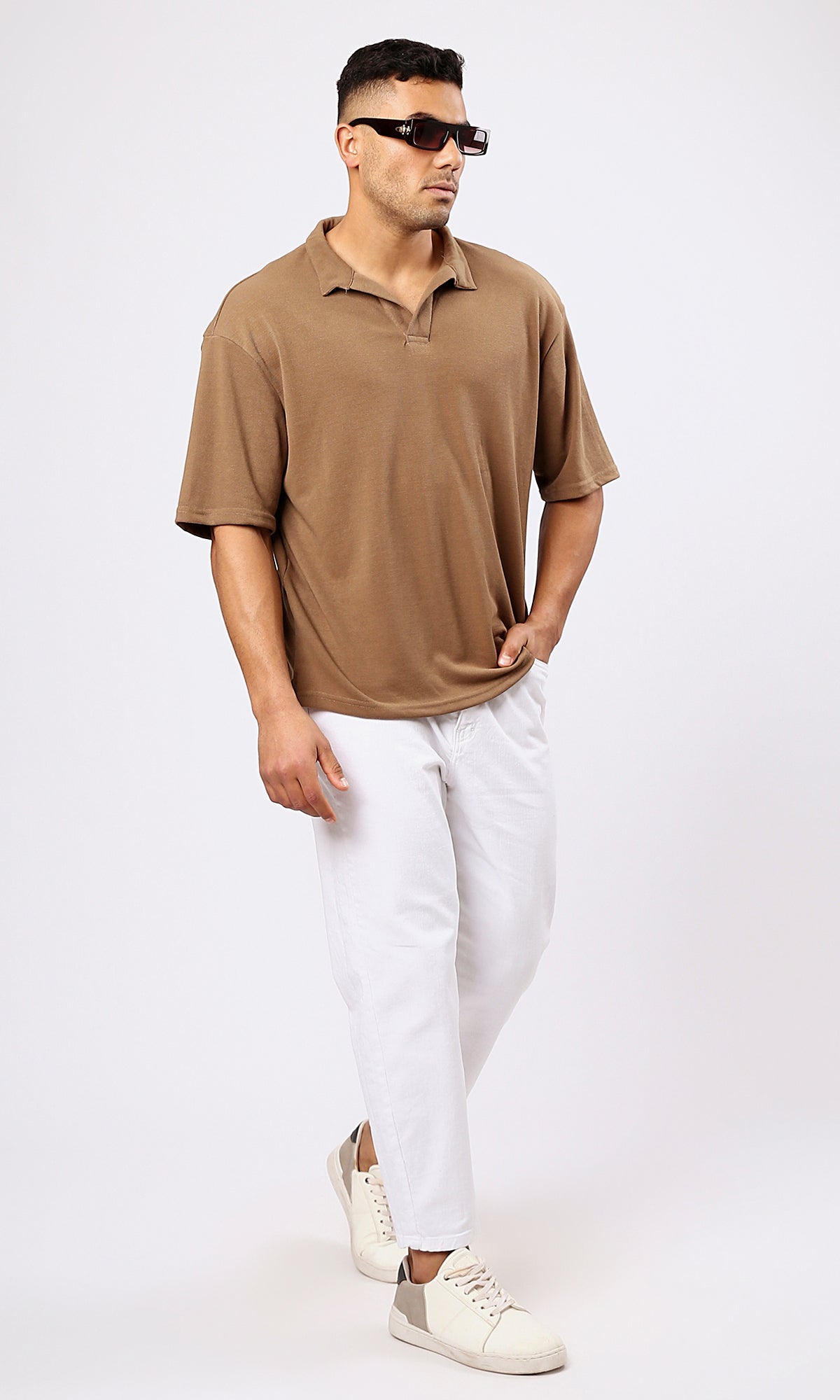 O179243 Light Brown Relaxed Polo Shirt With Open Neck 