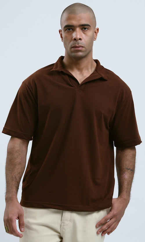 o179245 - Deep V-Neck Elbow Sleeves Burgundy Polo Shirt