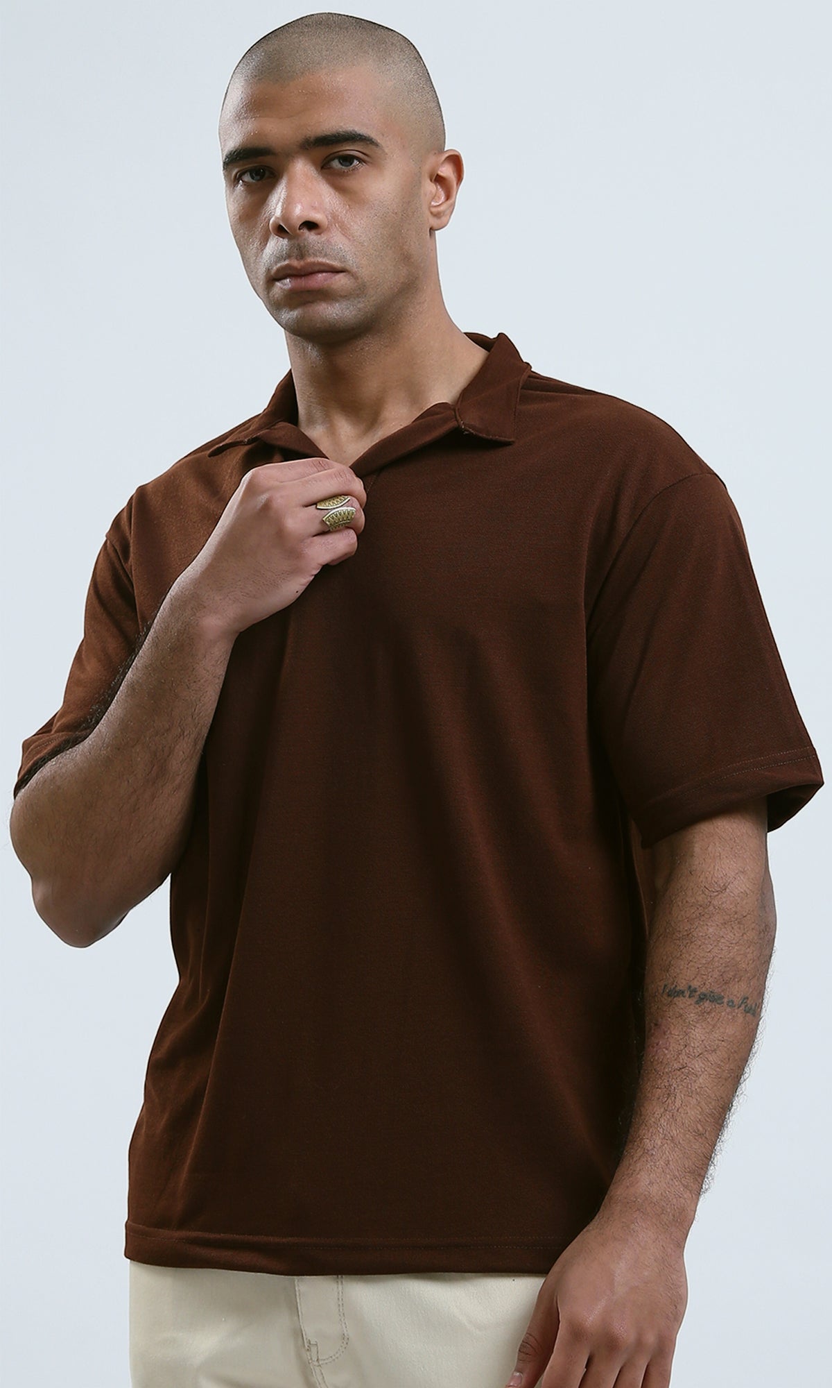 O179245 Deep V-Neck Elbow Sleeves Burgundy Polo Shirt