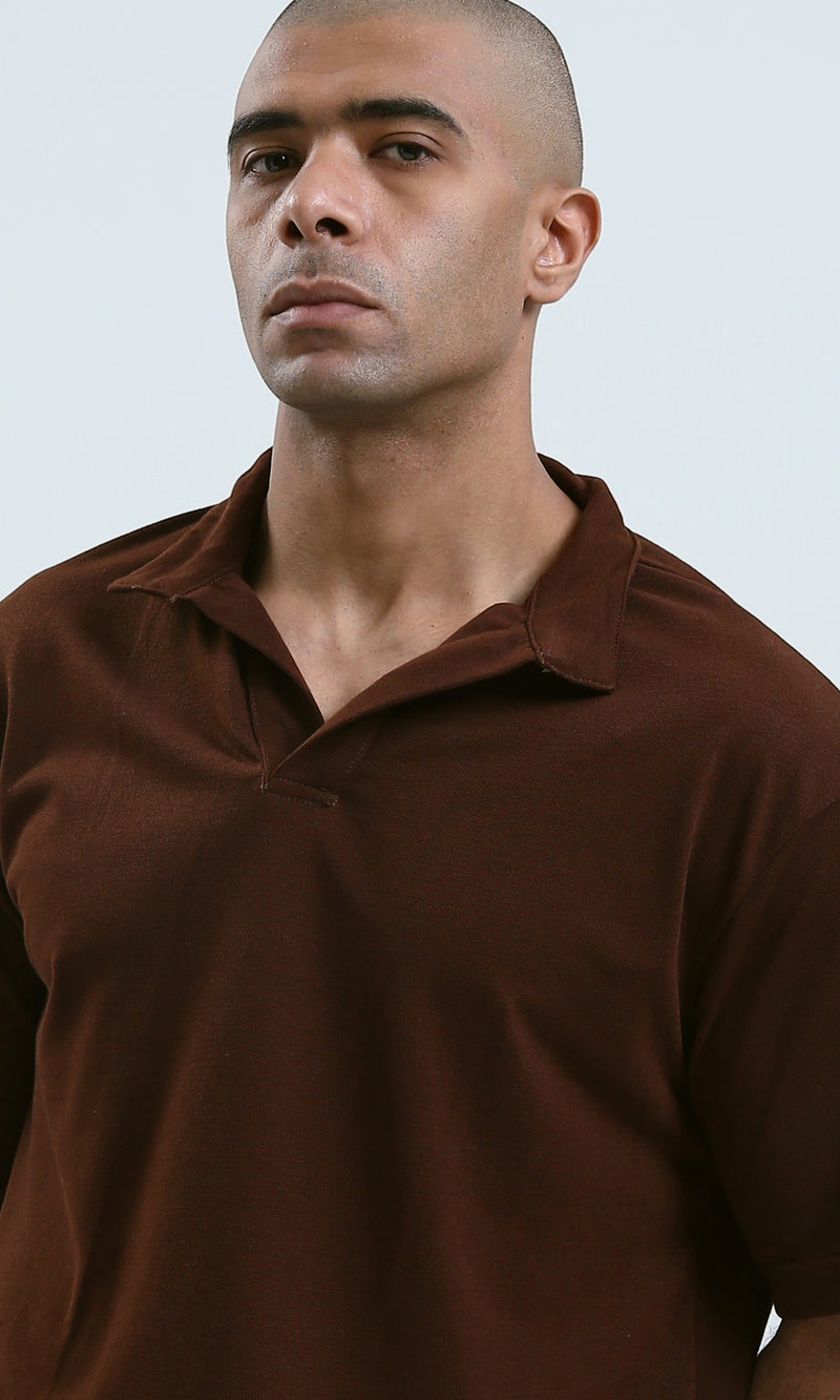 o179245 - Deep V-Neck Elbow Sleeves Burgundy Polo Shirt