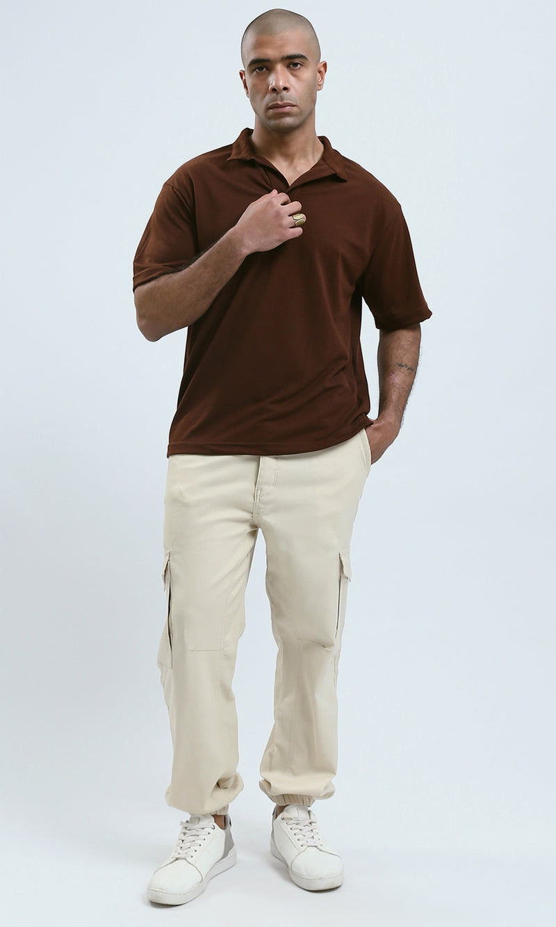 o179245 - Deep V-Neck Elbow Sleeves Burgundy Polo Shirt