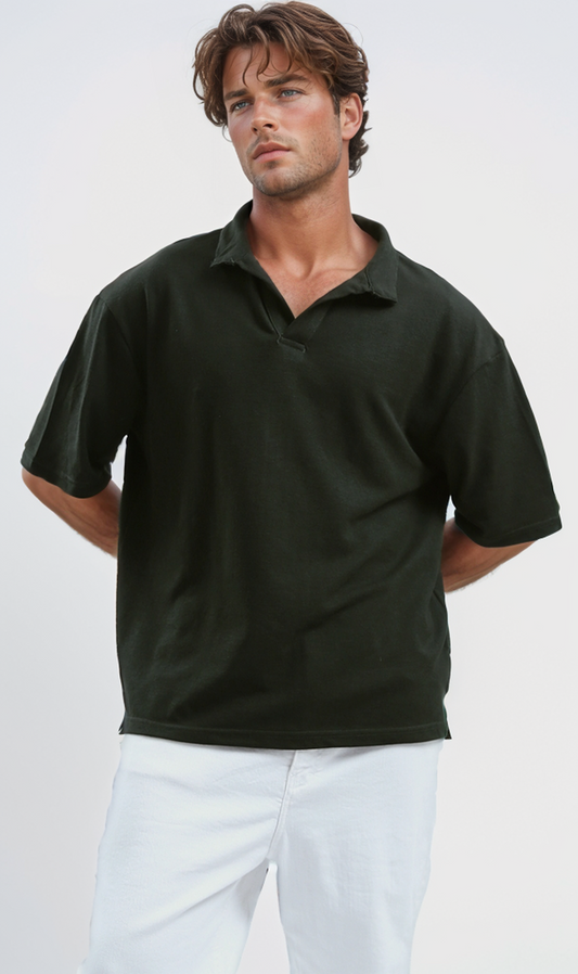 O179246 Open Classic Neck Relaxed Polo Shirt - Dark Khaki