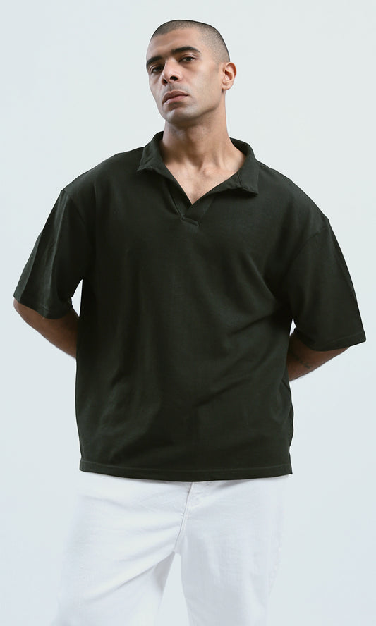 O179246 Open Classic Neck Relaxed Polo Shirt - Dark Khaki