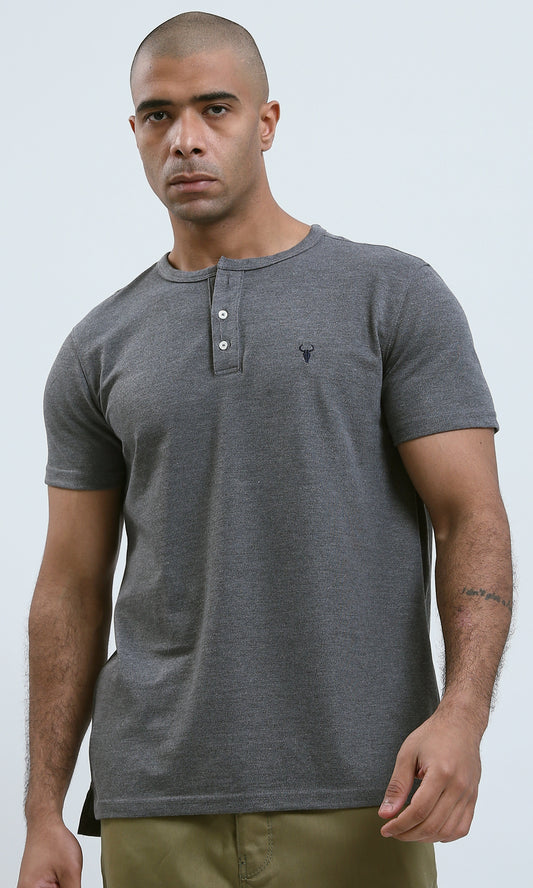 O179348 Solid Round Neck Comfy Dark Grey Henley Shirt