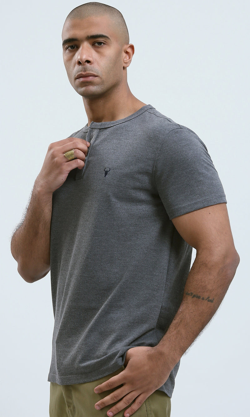 O179348 - Solid Round Neck Comfy Dark Grey Henley Shirt