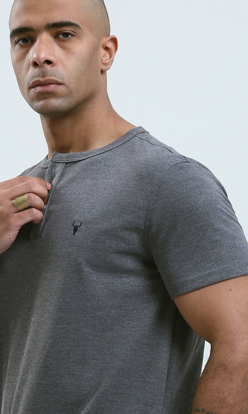 O179348 - Solid Round Neck Comfy Dark Grey Henley Shirt