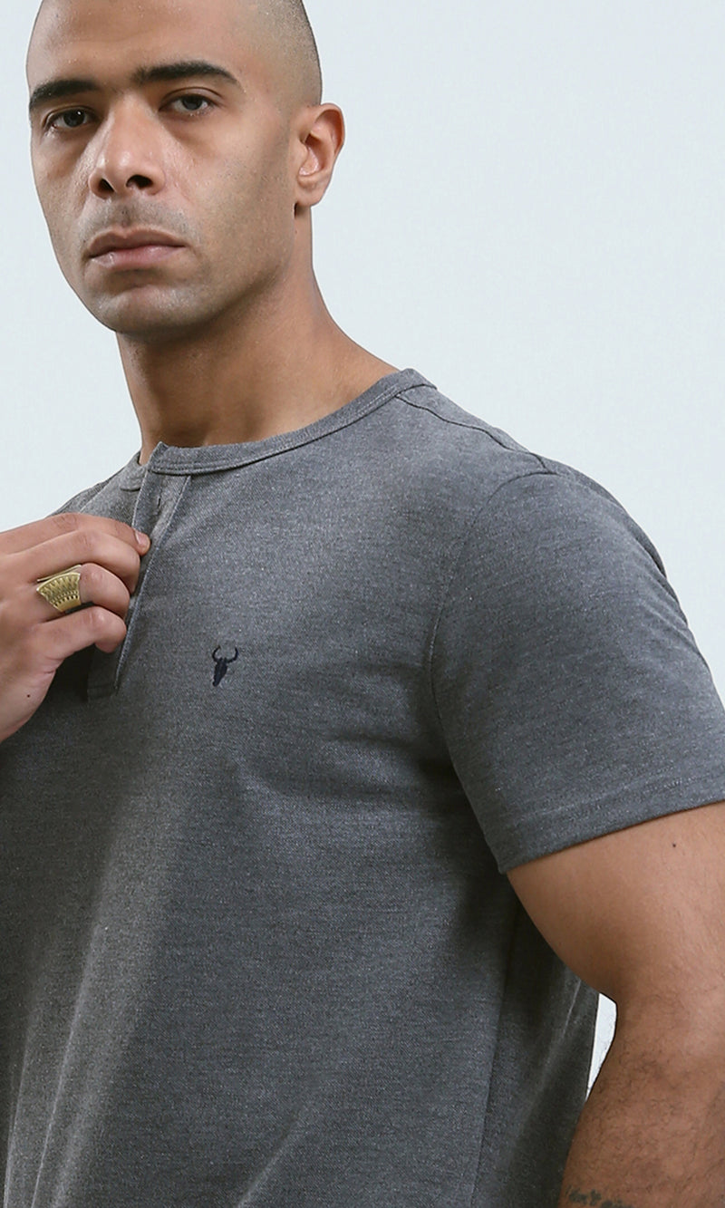 O179348 - Solid Round Neck Comfy Dark Grey Henley Shirt