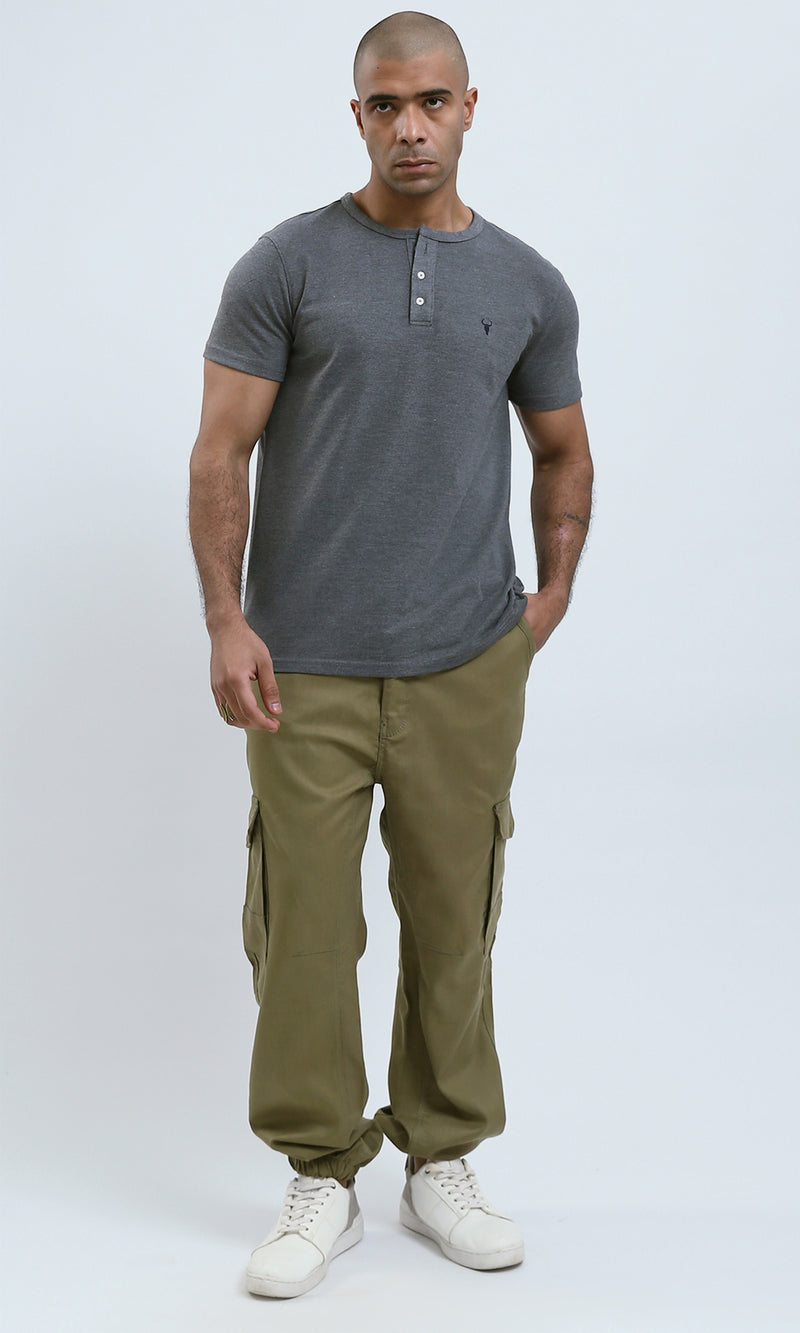 O179348 - Solid Round Neck Comfy Dark Grey Henley Shirt
