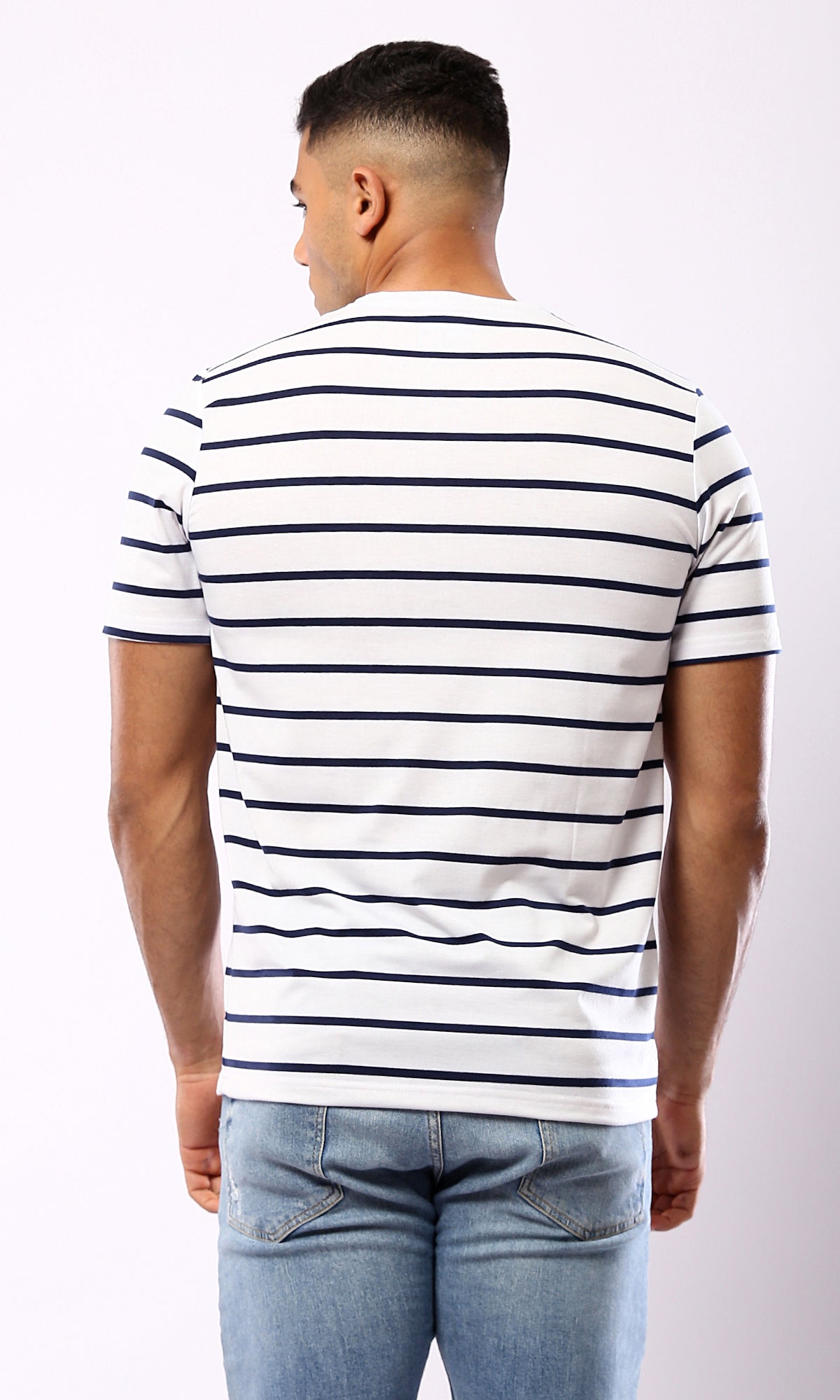 O179350 Striped Black & White Short Sleeves Casual Tee