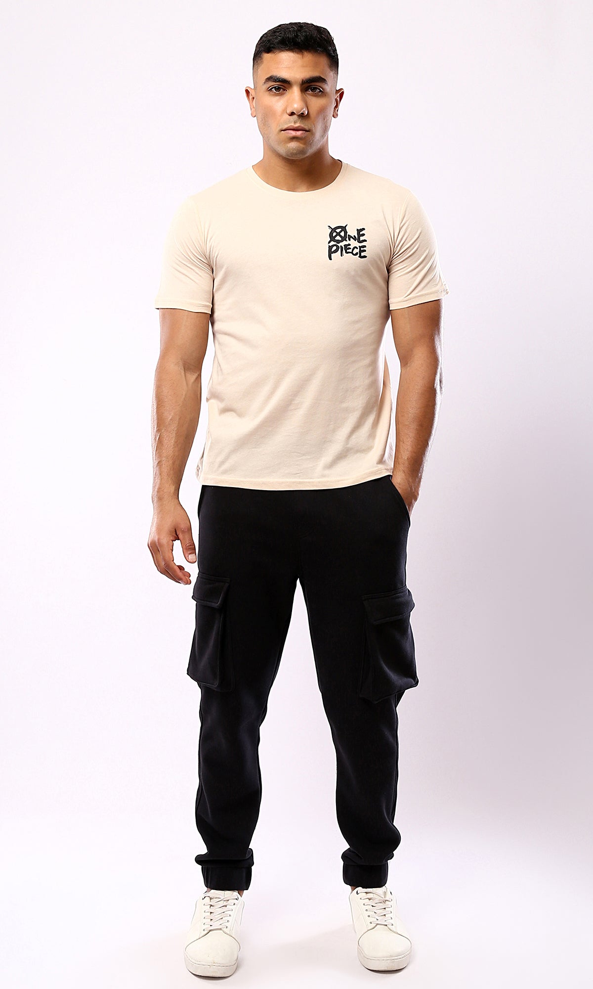 O179352 Printed "One Piece" Short Sleeves Beige Tee
