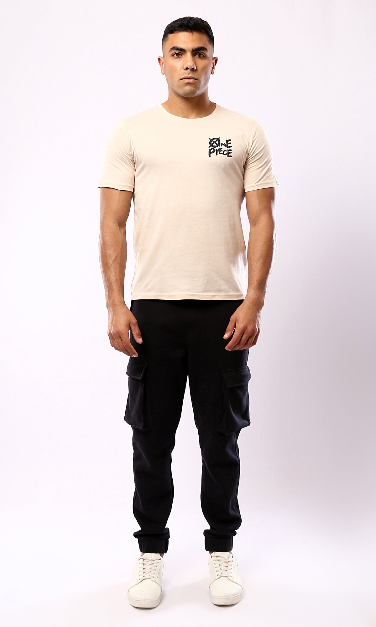 O179352 Printed "One Piece" Short Sleeves Beige Tee