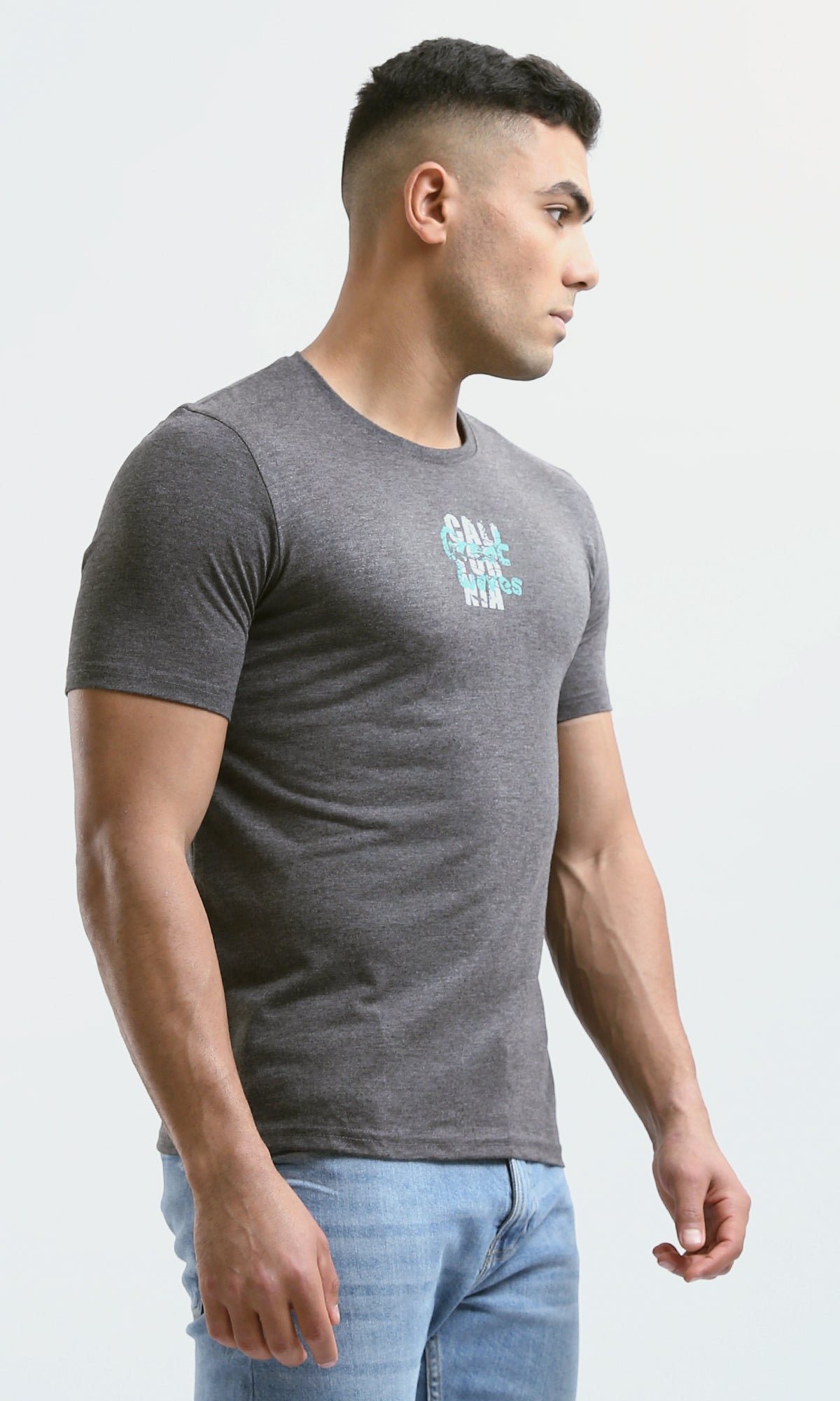 O179354 Round Neck Printed Heather Dark Grey Casual Tee