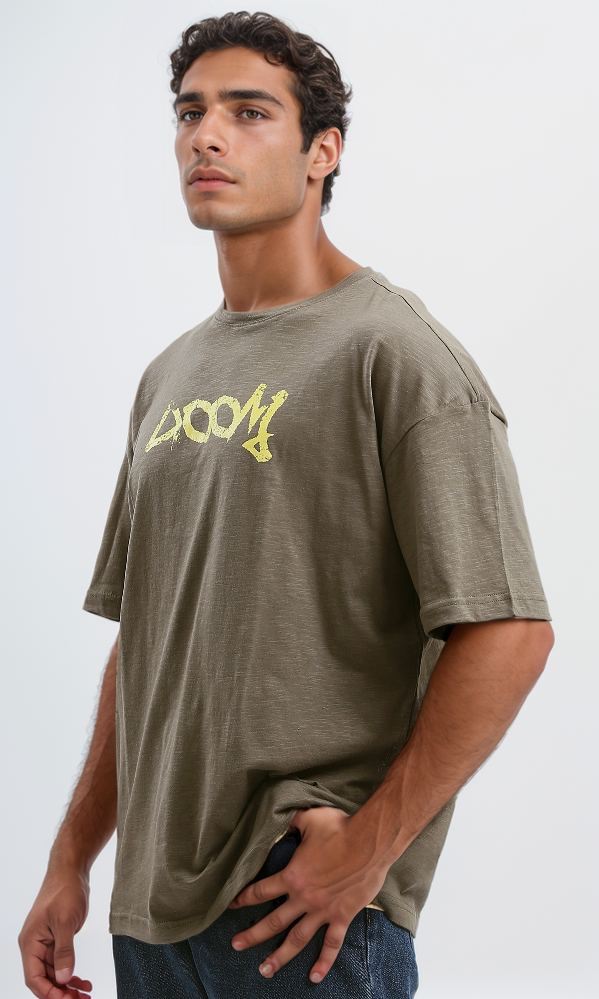 O179364 Printed Heather Dark Khaki Elbow Sleeves Tee