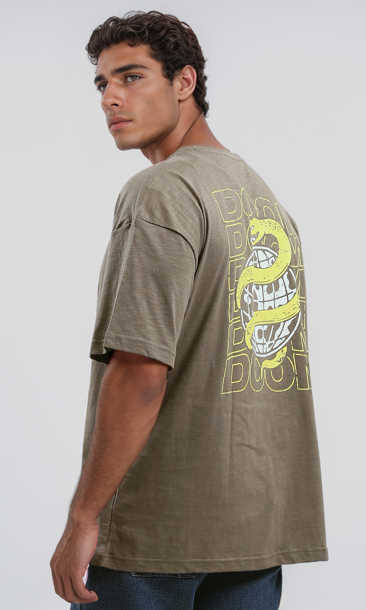 O179364 Printed Heather Dark Khaki Elbow Sleeves Tee