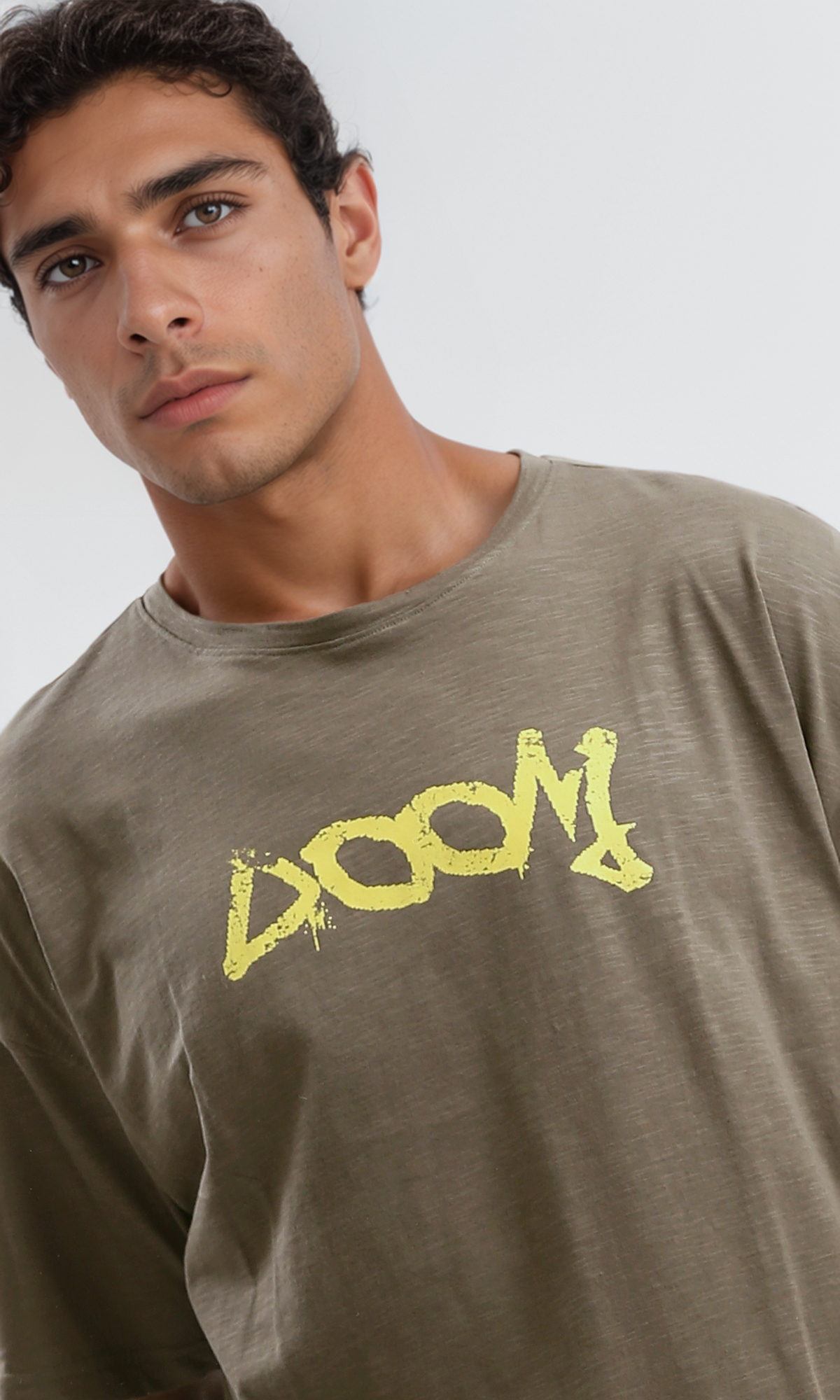 O179364 Printed Heather Dark Khaki Elbow Sleeves Tee