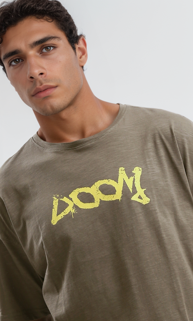 O179364 Printed Heather Dark Khaki Elbow Sleeves Tee