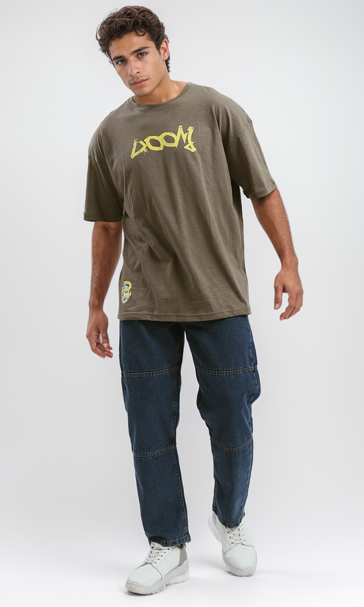 O179364 Printed Heather Dark Khaki Elbow Sleeves Tee