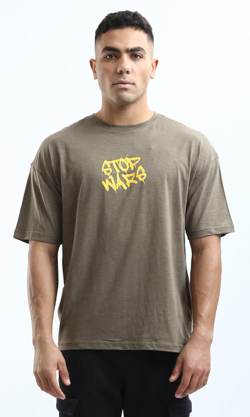 O179365 Printed "Stop Wars" Relaxed Fit Heather Dark Khaki Tee