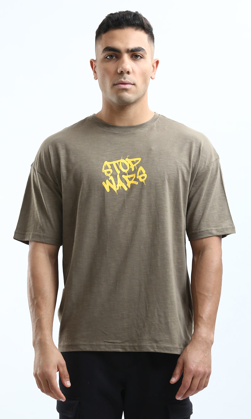 O179365 Printed "Stop Wars" Relaxed Fit Heather Dark Khaki Tee