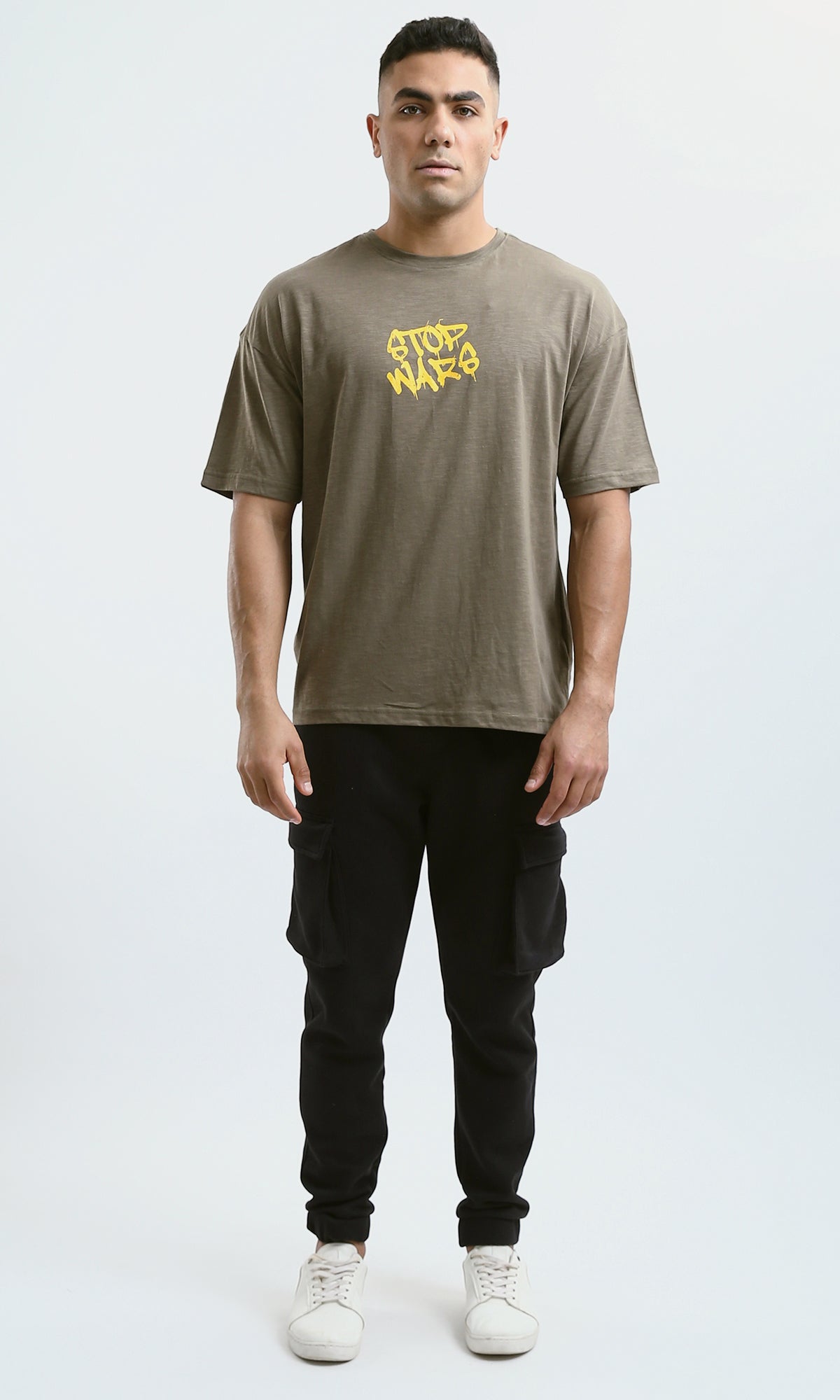 O179365 Printed "Stop Wars" Relaxed Fit Heather Dark Khaki Tee