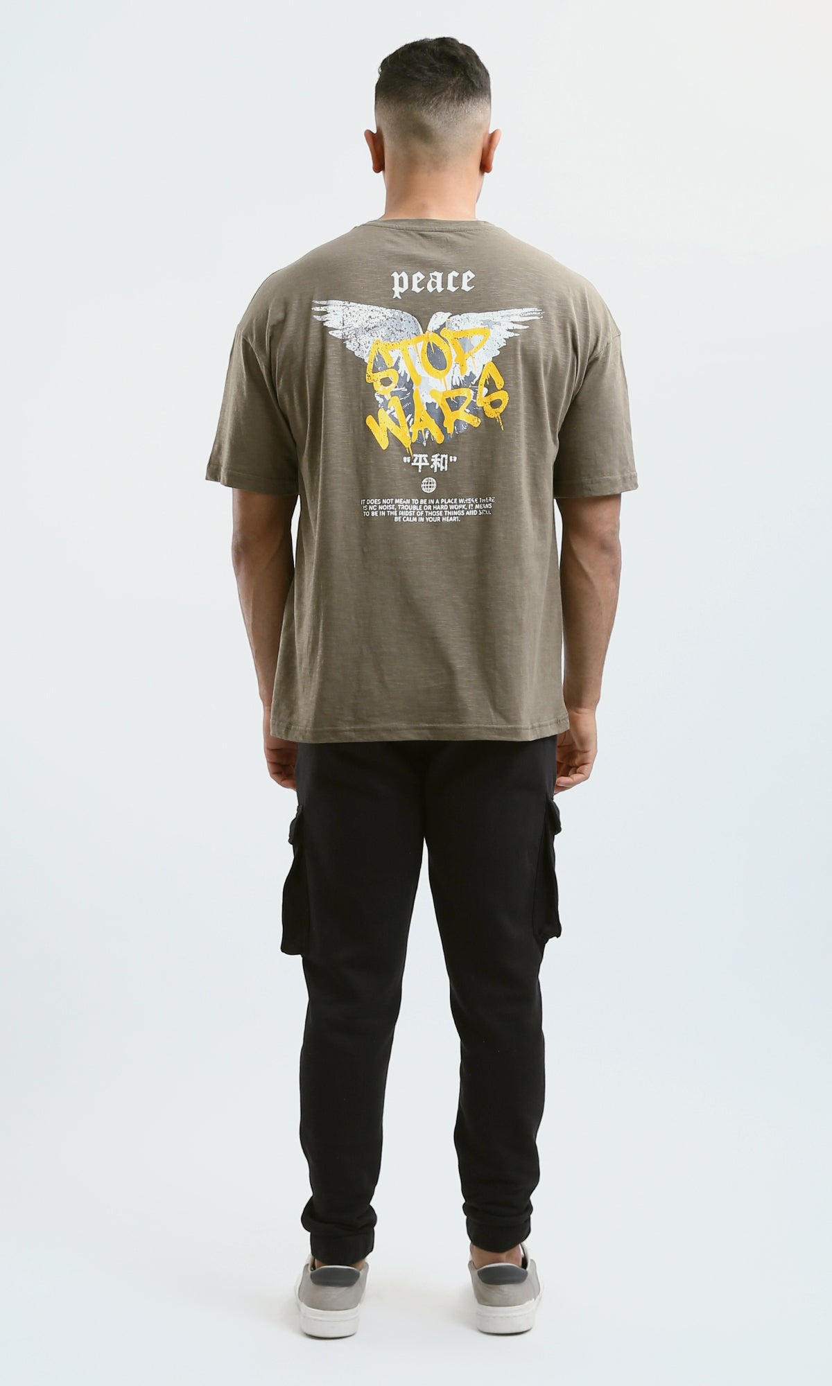 O179365 Printed "Stop Wars" Relaxed Fit Heather Dark Khaki Tee