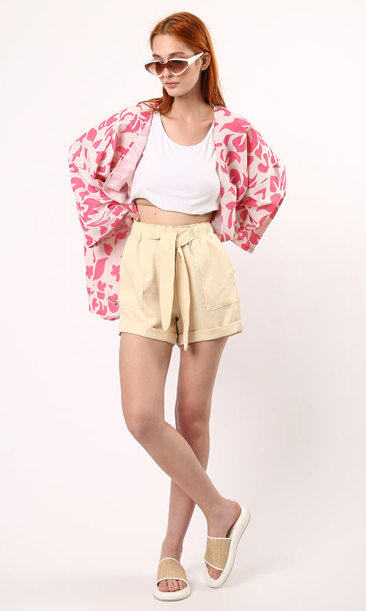 O179434 Patterned Cream Shorts With Side Pockets