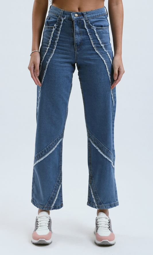 O179579 Cotton Straight Jeans With Distressed - Surf Blue
