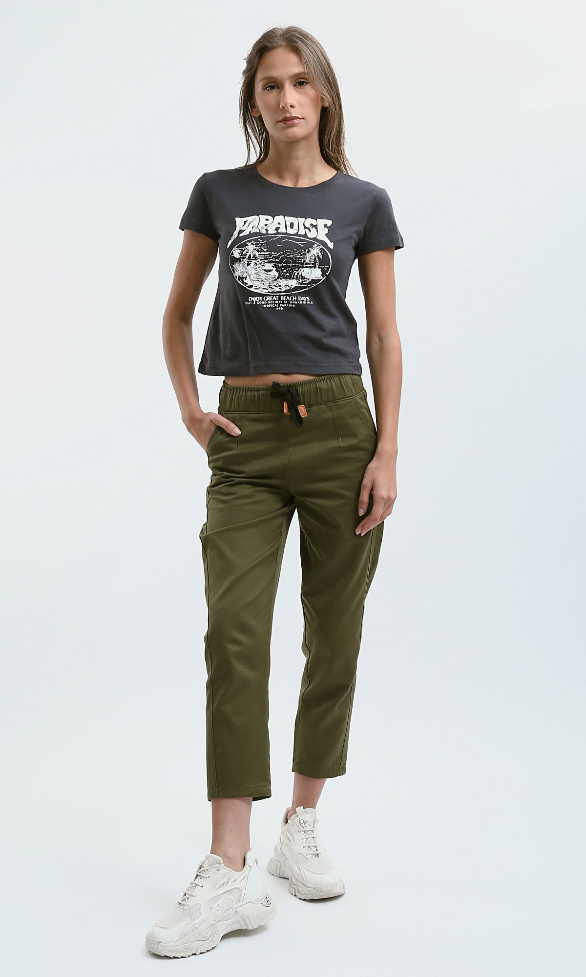 O179589 Solid Olive Pants With Elastic Waist