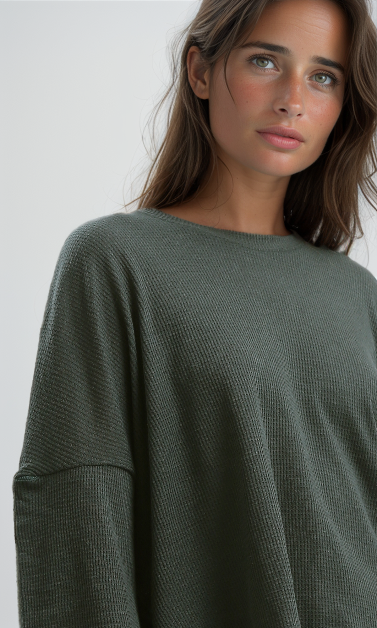 O179649 Ribbed Khaki Loose Short Top With 3/4 Sleeves