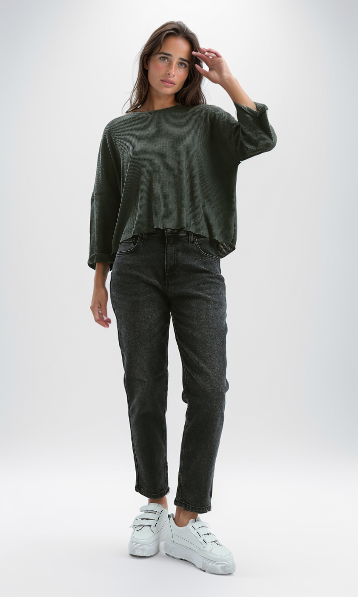 O179649 Ribbed Khaki Loose Short Top With 3/4 Sleeves