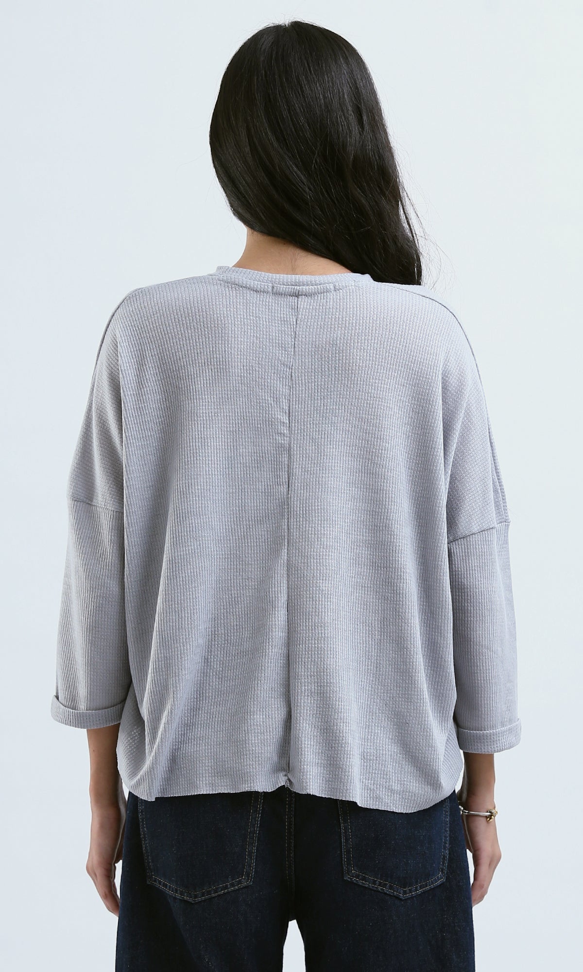 O179650 Self Patterned Light Grey Top With 3/4 Sleeves