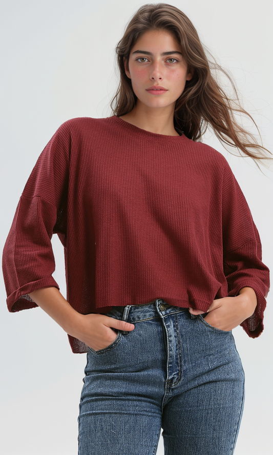 O179652 Ribbed Burgundy Loose Short Top With 3/4 Sleeves