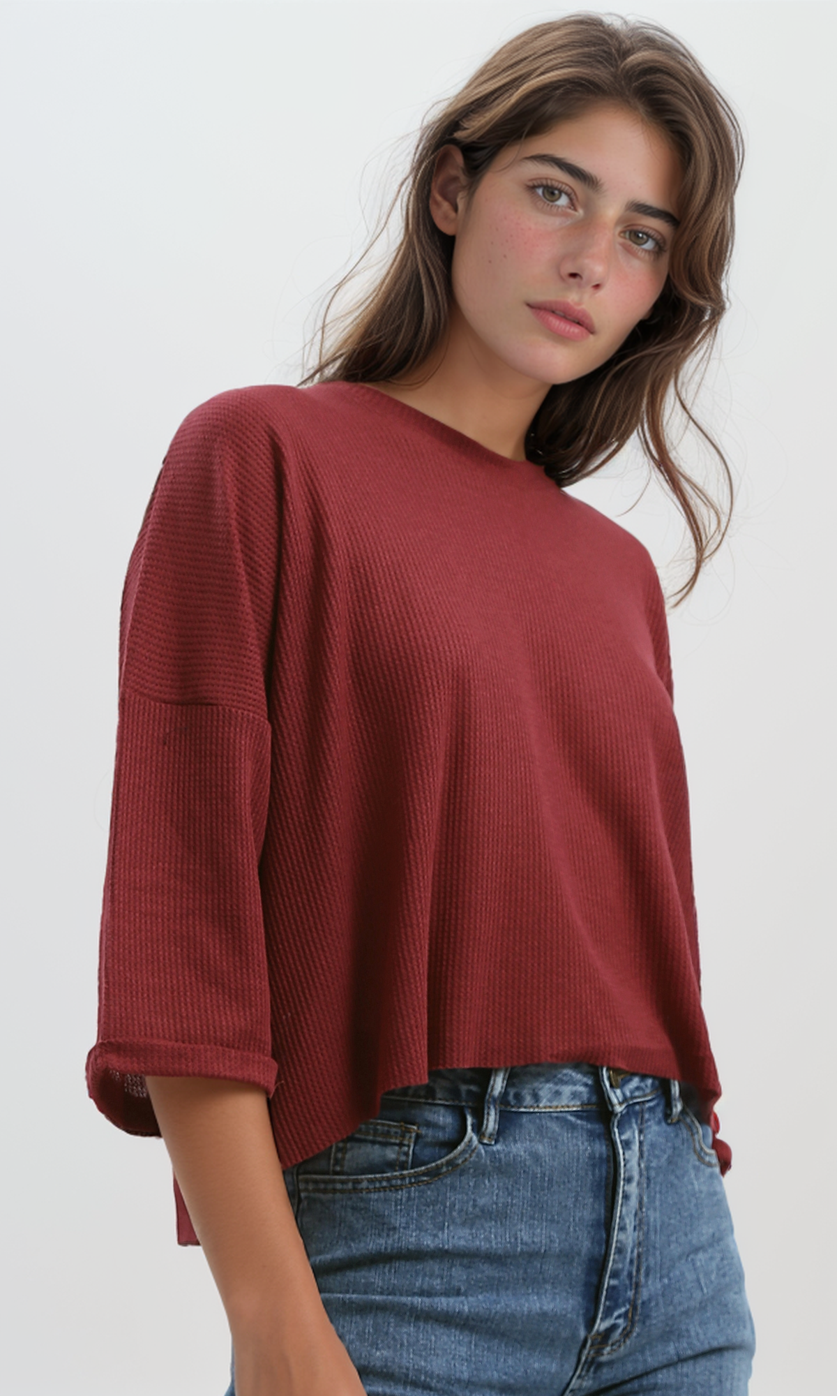 O179652 Ribbed Burgundy Loose Short Top With 3/4 Sleeves